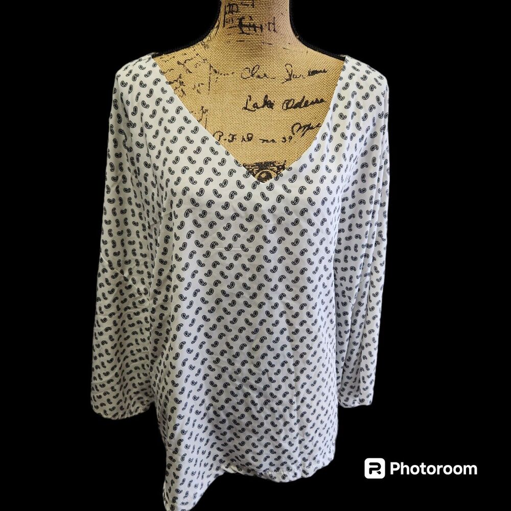 Lane Bryant‎ Tunic Blouse Womens SZ 28 Paisley Contrast V Neck Office Boho Work